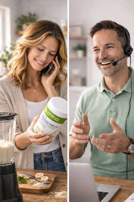Donna in cucina che legge l'etichetta del prodotto Herbalife mentre parla al telefono con il suo coach